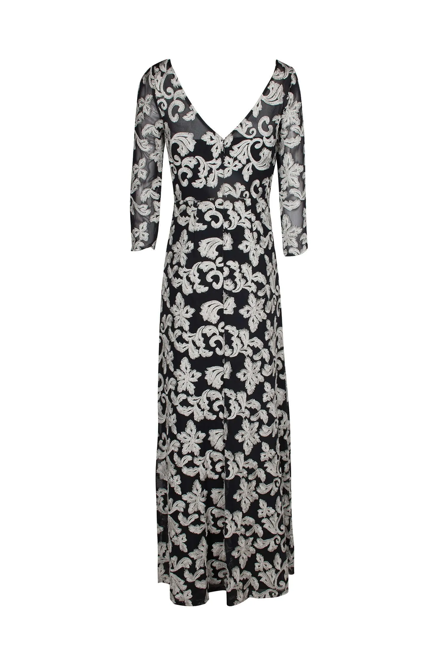 JS Collections Boat Neck 3/4 Sleeve Zipper Back Embroidered Mesh Gown