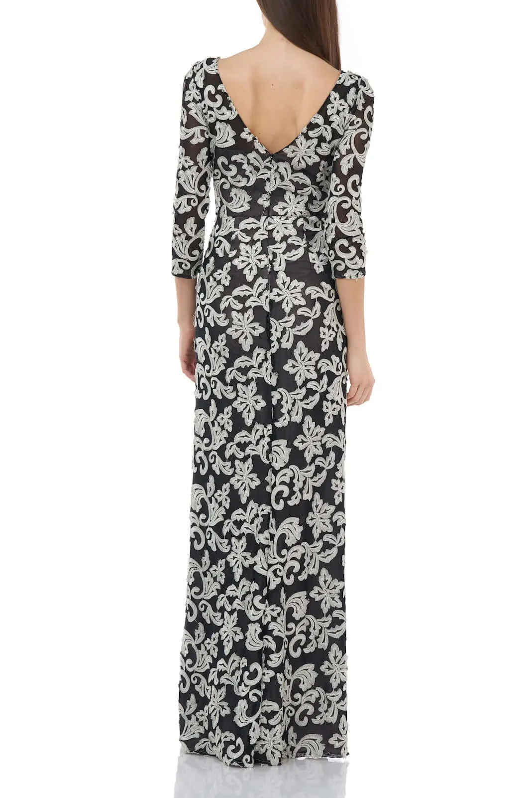 JS Collections Boat Neck 3/4 Sleeve Zipper Back Embroidered Mesh Gown