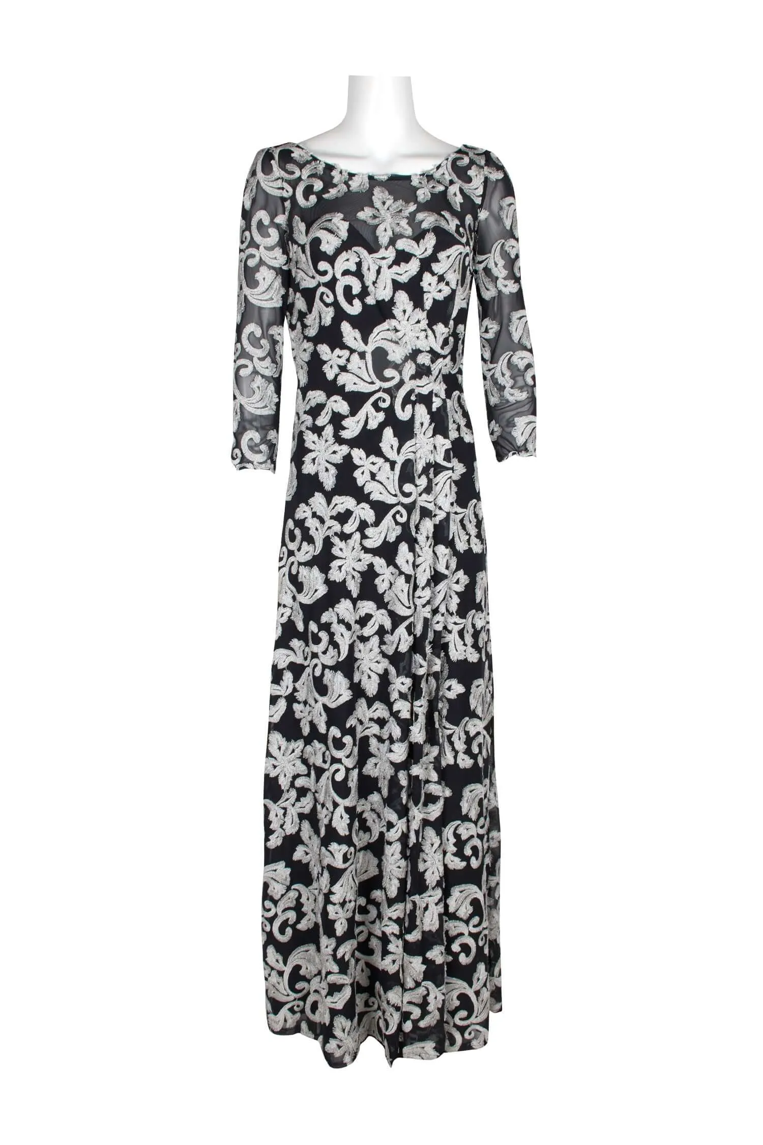 JS Collections Boat Neck 3/4 Sleeve Zipper Back Embroidered Mesh Gown