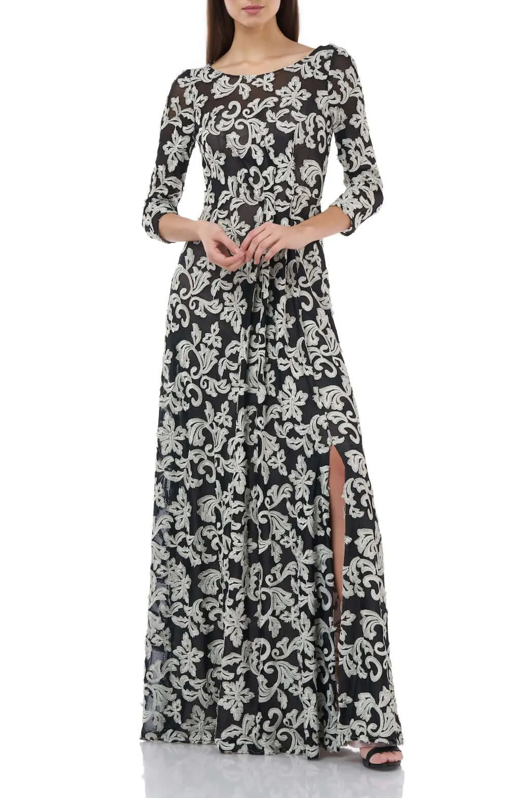 JS Collections Boat Neck 3/4 Sleeve Zipper Back Embroidered Mesh Gown