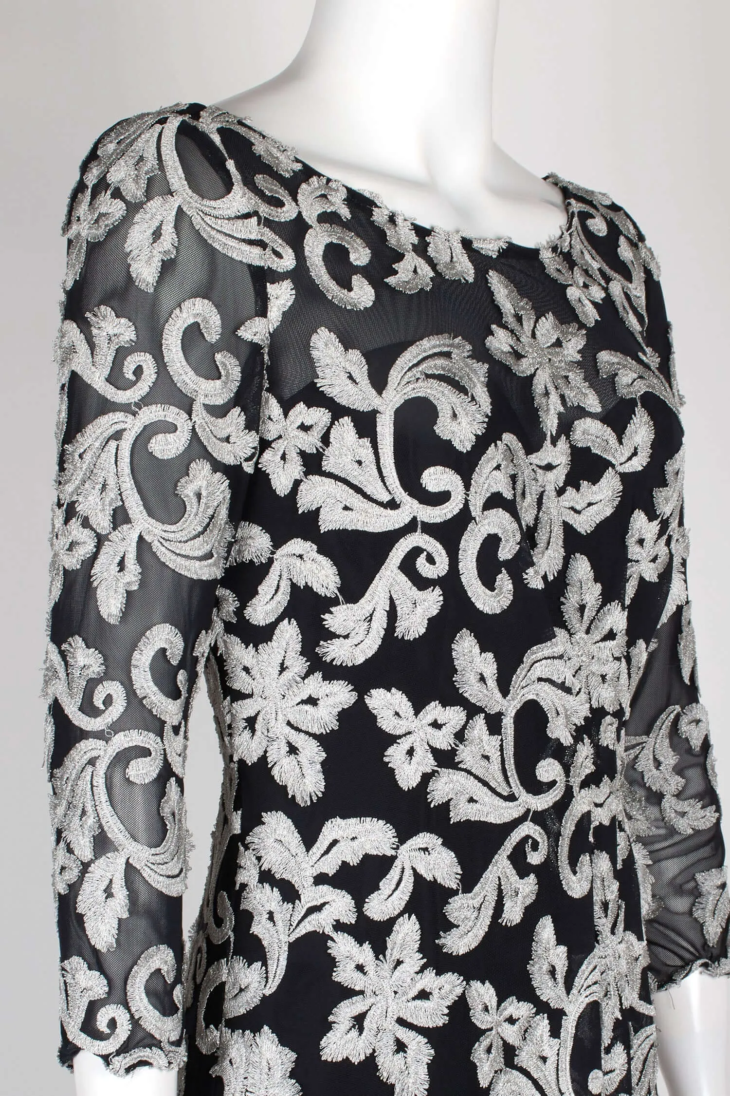 JS Collections Boat Neck 3/4 Sleeve Zipper Back Embroidered Mesh Gown