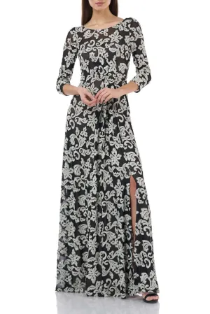 JS Collections Boat Neck 3/4 Sleeve Zipper Back Embroidered Mesh Gown JS Collections Boat Neck 3/4 Sleeve Zipper Back Embroidered Mesh Gown