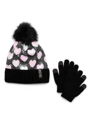 Justice Girls Heart Pattern Sequin Beanie Hat with Pom and Gloves, 2-Piece Set, Black/Iridescent Justice Girls Heart Pattern Sequin Beanie Hat with Pom and Gloves, 2-Piece Set, Black/Iridescent