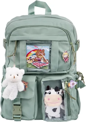 Kawaii Backpack for Girls, Cute Aesthetic Backpack with Pin Accessories Plush Pendant for School Girl Bookbag (Green) Kawaii Backpack for Girls, Cute Aesthetic Backpack with Pin Accessories Plush Pendant for School Girl Bookbag (Green)