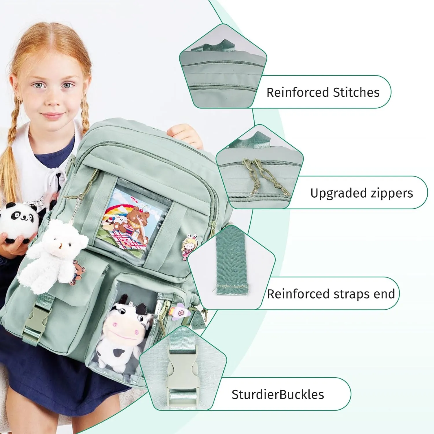 Kawaii Backpack for Girls, Cute Aesthetic Backpack with Pin Accessories Plush Pendant for School Girl Bookbag (Green)