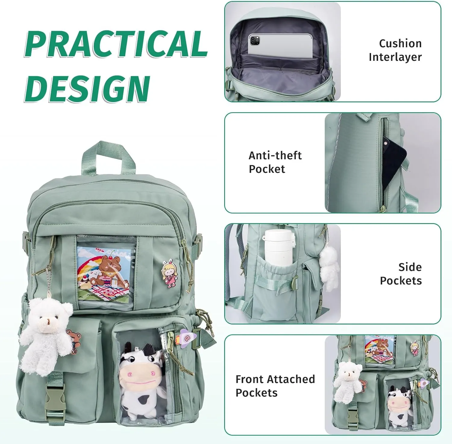 Kawaii Backpack for Girls, Cute Aesthetic Backpack with Pin Accessories Plush Pendant for School Girl Bookbag (Green)