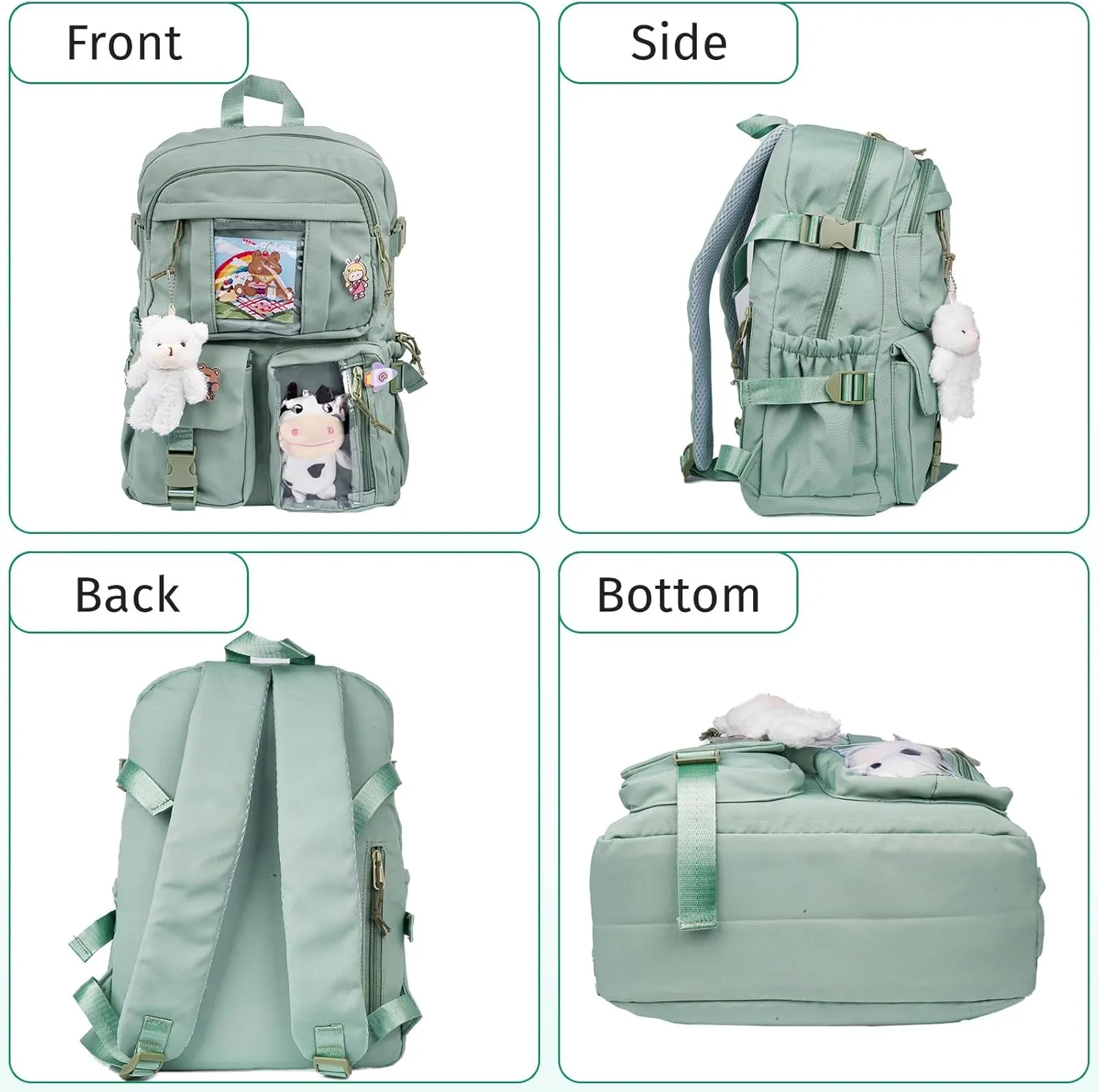 Kawaii Backpack for Girls, Cute Aesthetic Backpack with Pin Accessories Plush Pendant for School Girl Bookbag (Green)