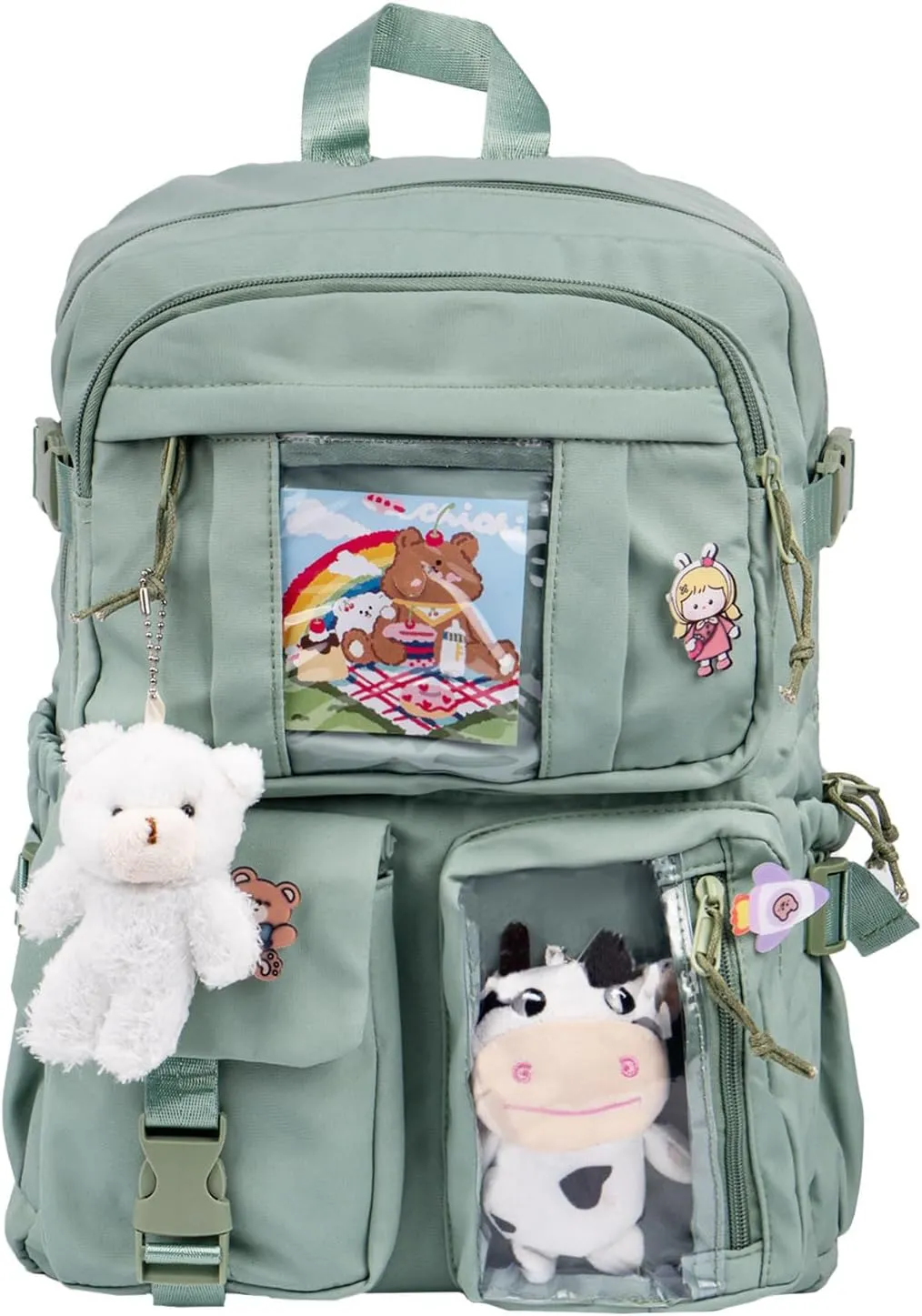 Kawaii Backpack for Girls, Cute Aesthetic Backpack with Pin Accessories Plush Pendant for School Girl Bookbag (Green)