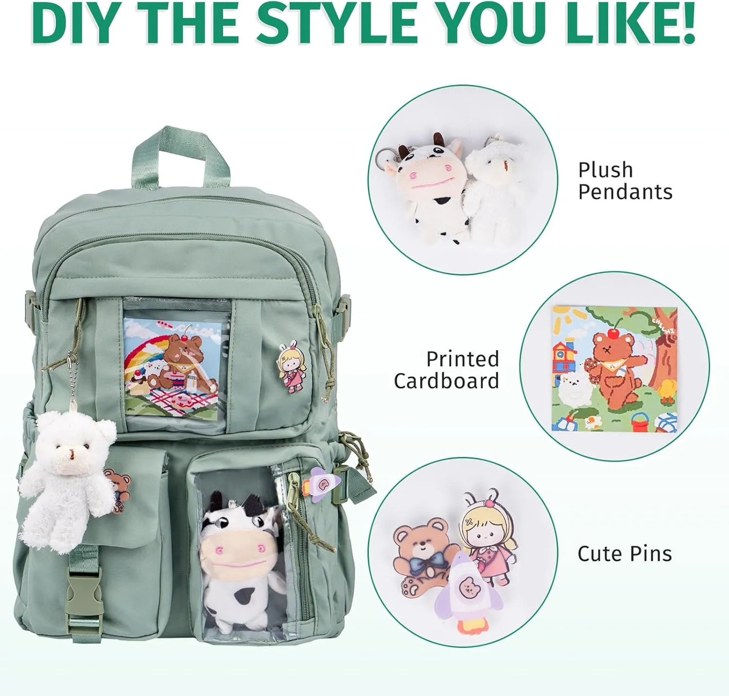 Kawaii Backpack for Girls, Cute Aesthetic Backpack with Pin Accessories Plush Pendant for School Girl Bookbag (Green)