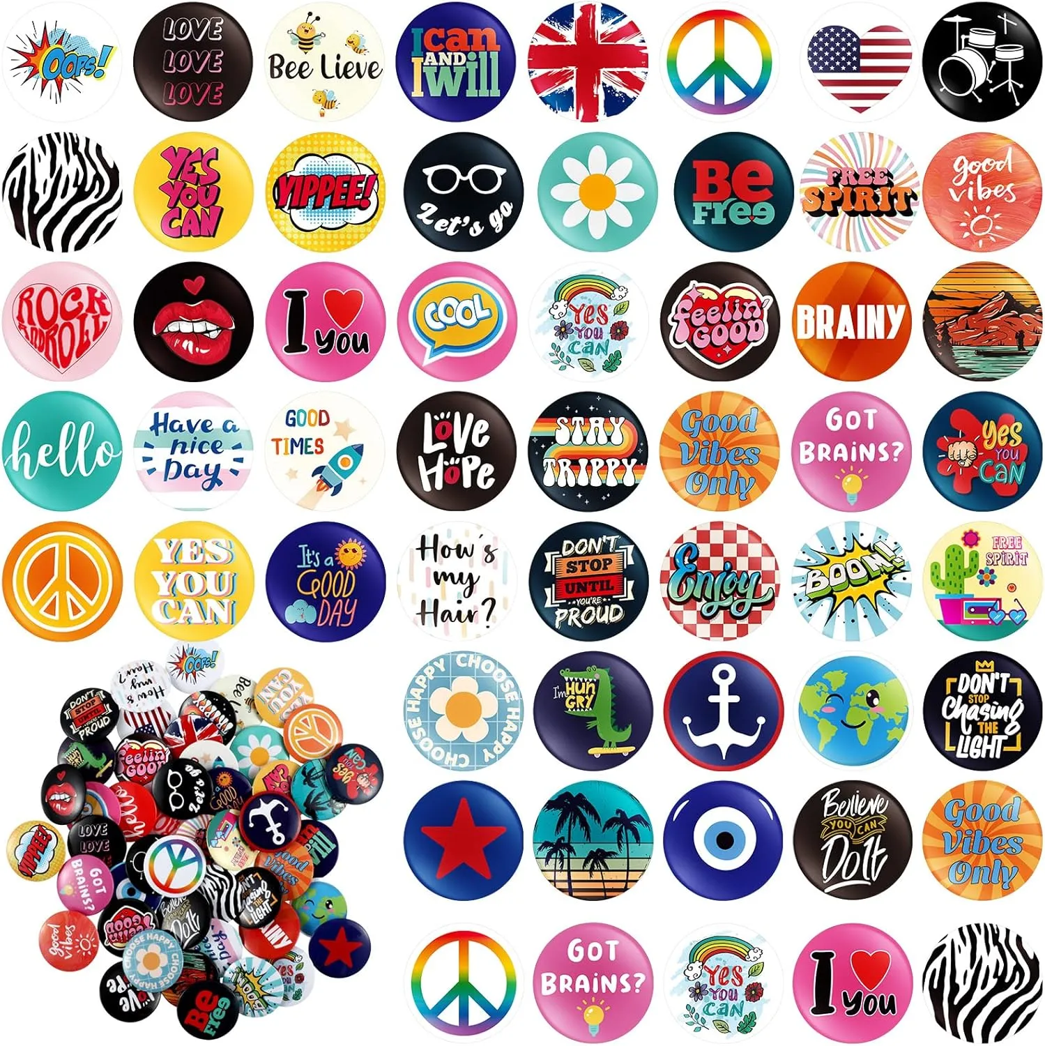 Kigeli 80's Buttons Pins 1 Inch/ 25 mm Retro Punk Button Pin Slogans Sayings Pinback Buttons for Backpacks Bags Hats Jeans(50 Pcs)
