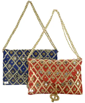 Kuber Industries 2 Pieces Silk Traditional Mirror Work Envelope Clutch/Hand Purse Bag for Women/Girls (Blue & Red)-KUBMART11467 Kuber Industries 2 Pieces Silk Traditional Mirror Work Envelope Clutch/Hand Purse Bag for Women/Girls (Blue & Red)-KUBMART11467