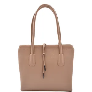 Leather Classic Tote Style Zip Opening Large Shoulder Bag CYNTHIA Taupe Leather Classic Tote Style Zip Opening Large Shoulder Bag CYNTHIA Taupe
