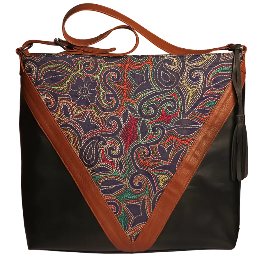 Leather Embroidery Shoulder HandBag - Black Blue