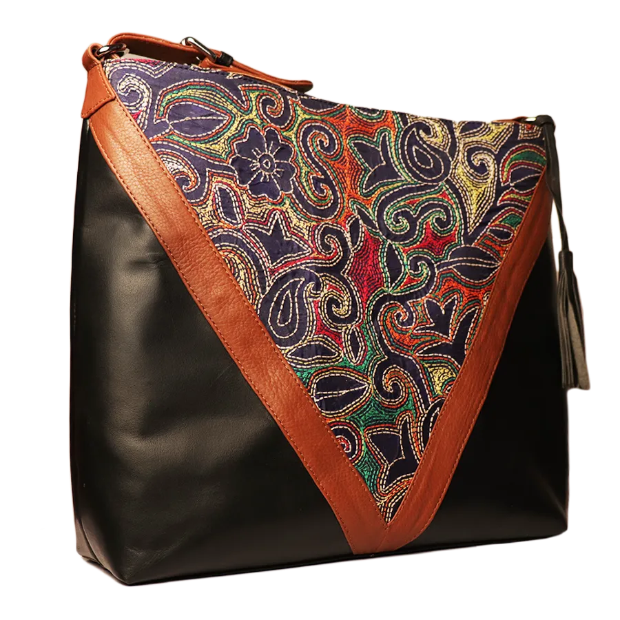 Leather Embroidery Shoulder HandBag - Black Blue