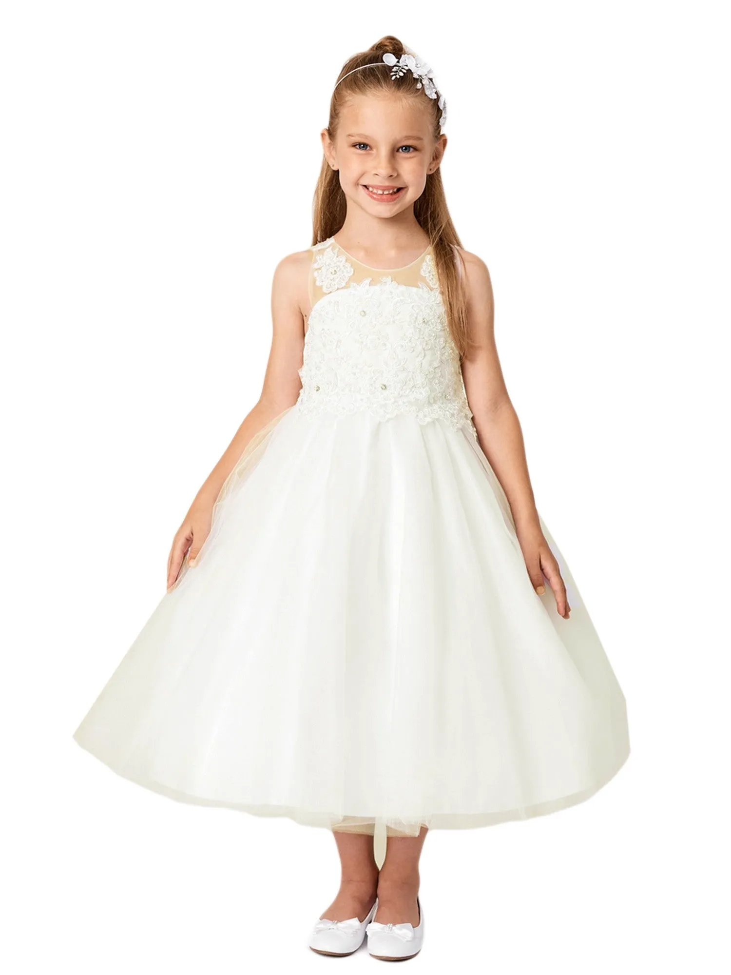 Little Girls Ivory Illusion Neck Embroidered Tulle Bow Flower Girl Dress 2-6