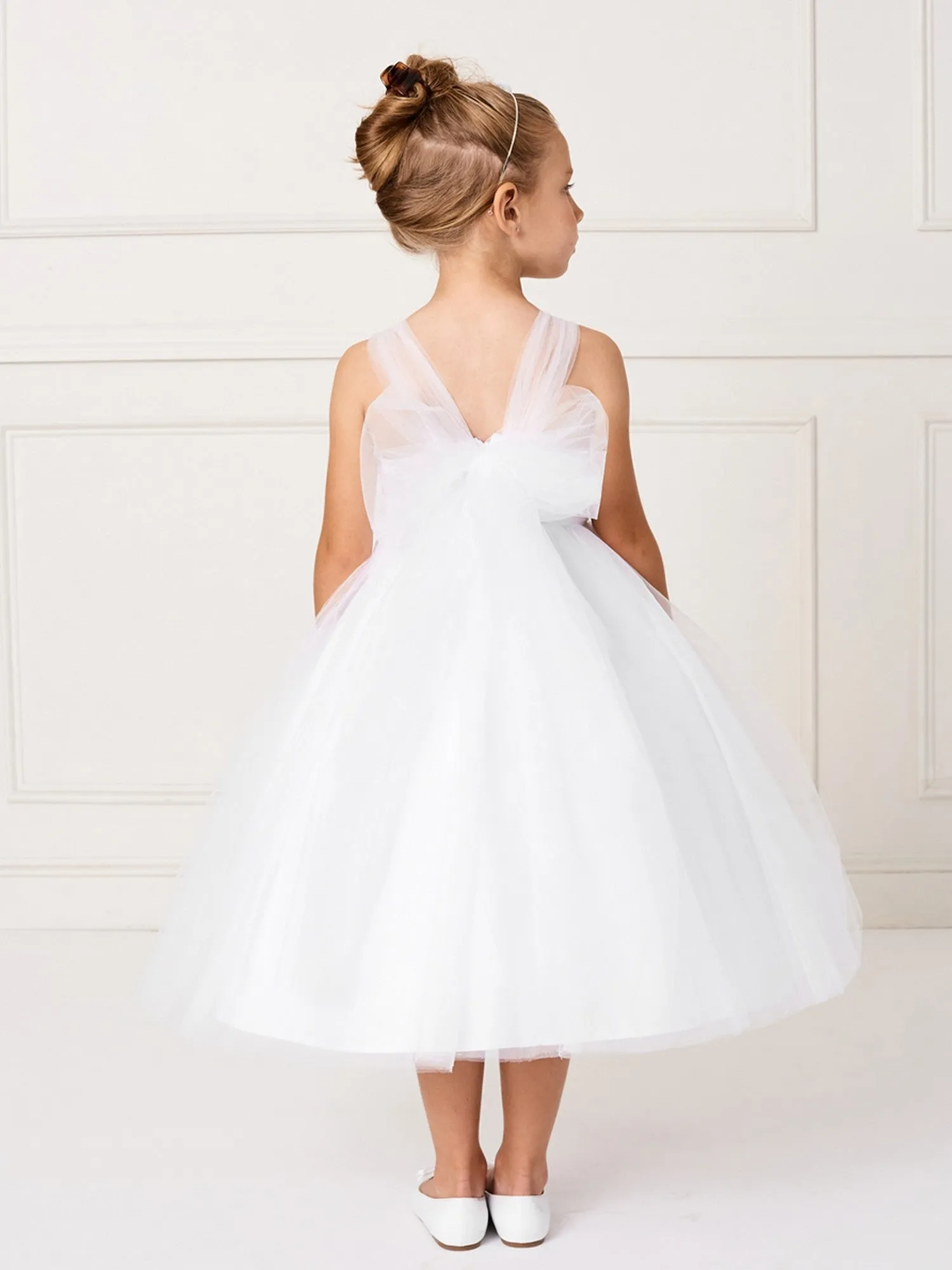 Little Girls Ivory Illusion Neck Embroidered Tulle Bow Flower Girl Dress 2-6
