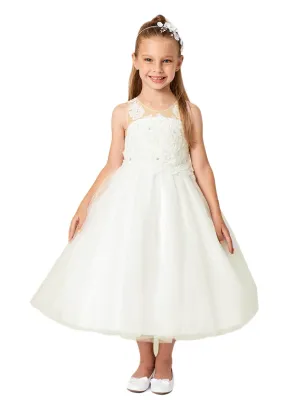 Little Girls Ivory Illusion Neck Embroidered Tulle Bow Flower Girl Dress 2-6 Little Girls Ivory Illusion Neck Embroidered Tulle Bow Flower Girl Dress 2-6
