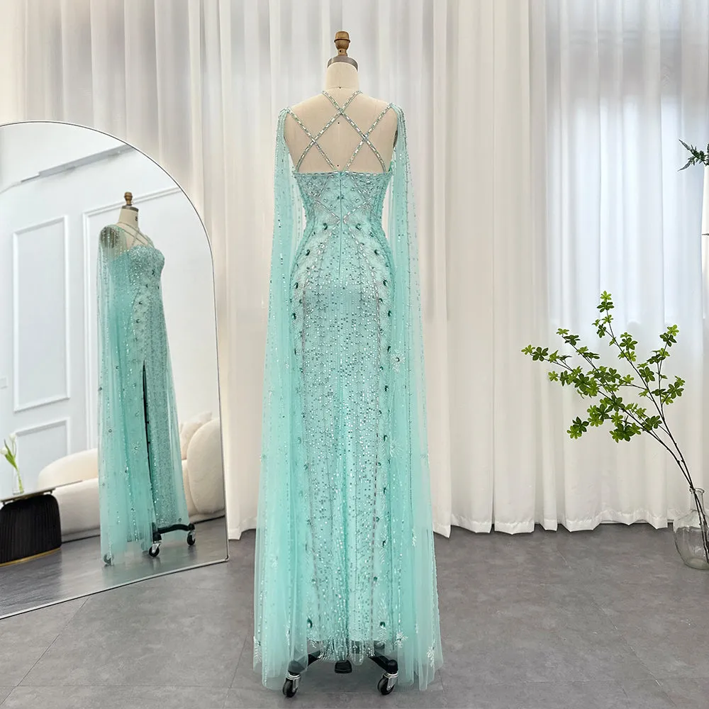 Luxury Aqua Crisscross Evening Dress with Cape Sleeves SS391