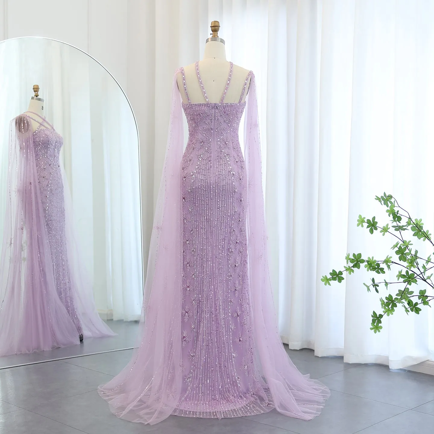 Luxury Aqua Crisscross Evening Dress with Cape Sleeves SS391