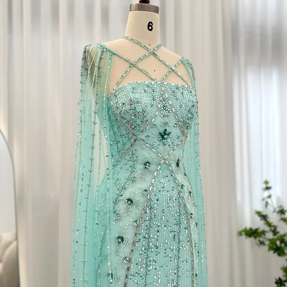 Luxury Aqua Crisscross Evening Dress with Cape Sleeves SS391
