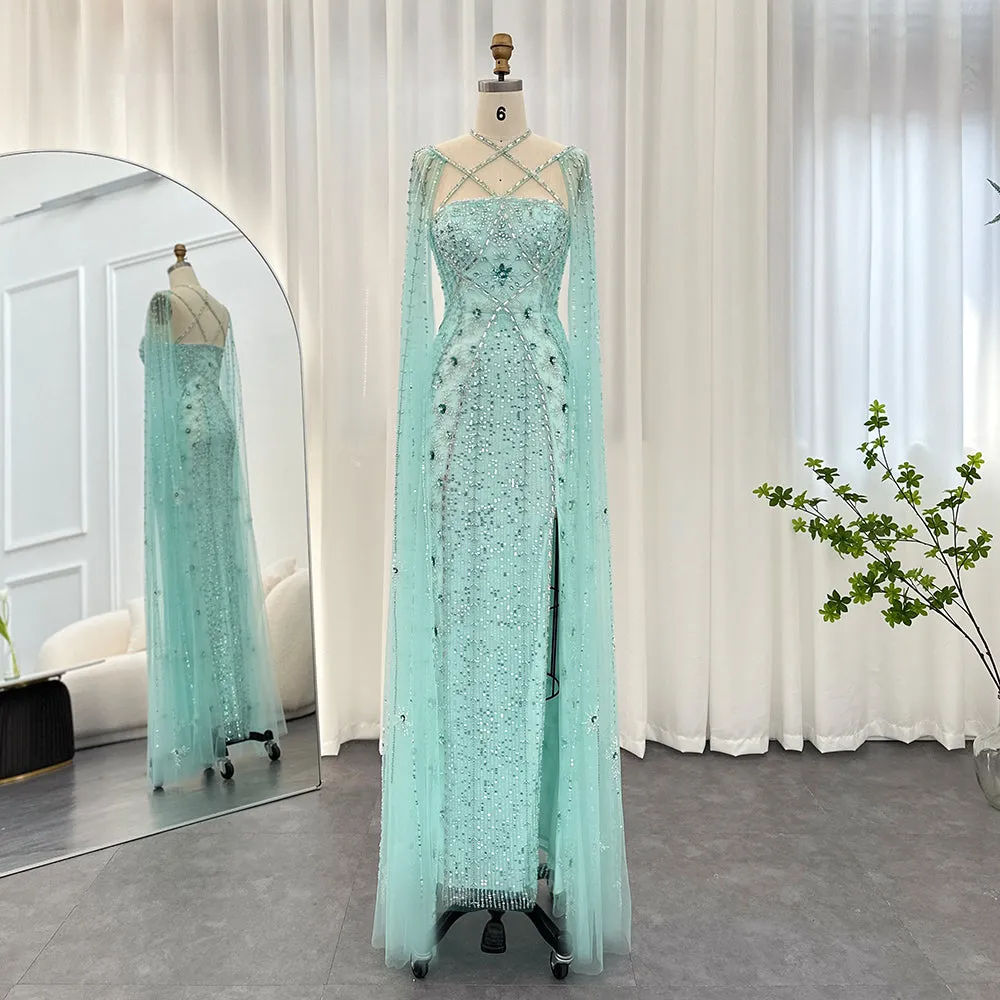 Luxury Aqua Crisscross Evening Dress with Cape Sleeves SS391