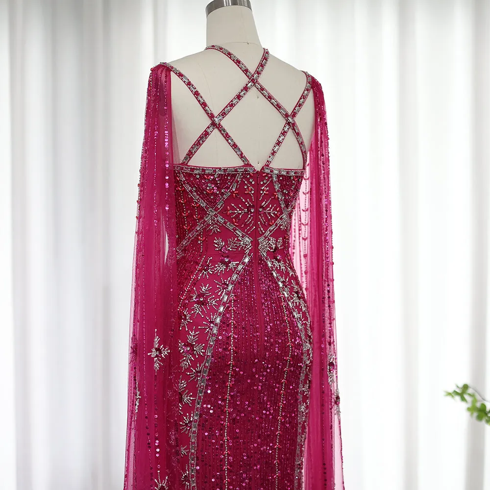 Luxury Aqua Crisscross Evening Dress with Cape Sleeves SS391