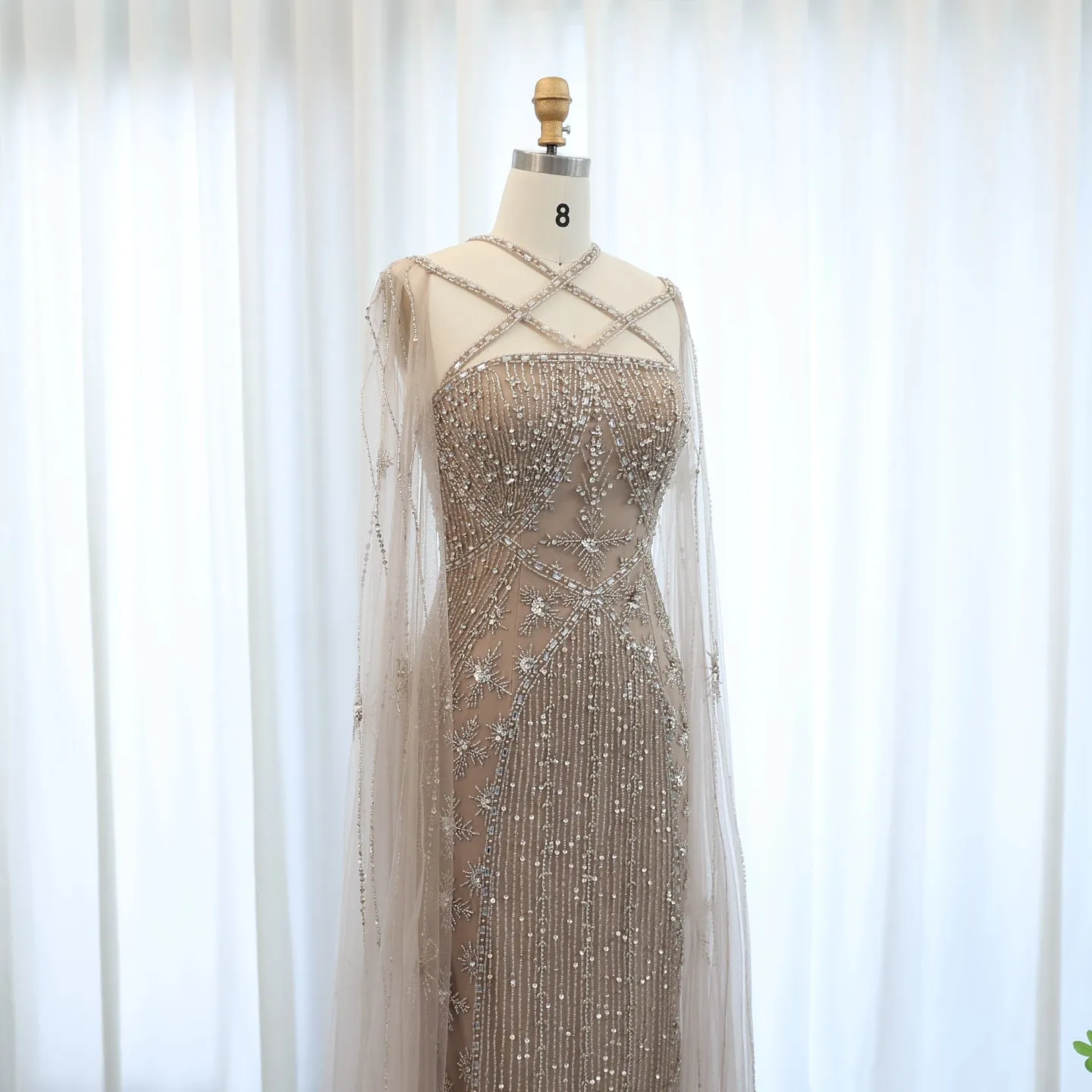 Luxury Aqua Crisscross Evening Dress with Cape Sleeves SS391