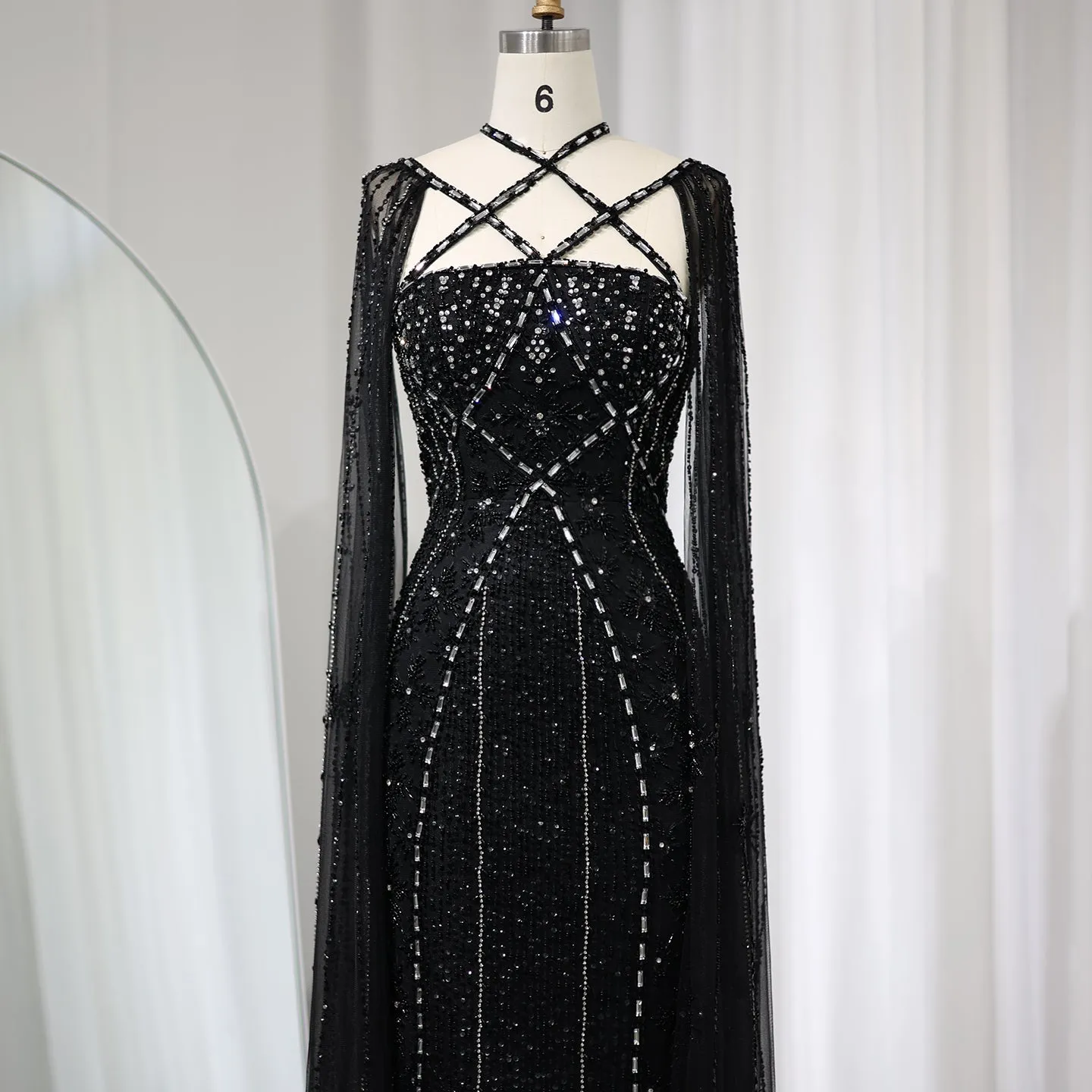 Luxury Aqua Crisscross Evening Dress with Cape Sleeves SS391