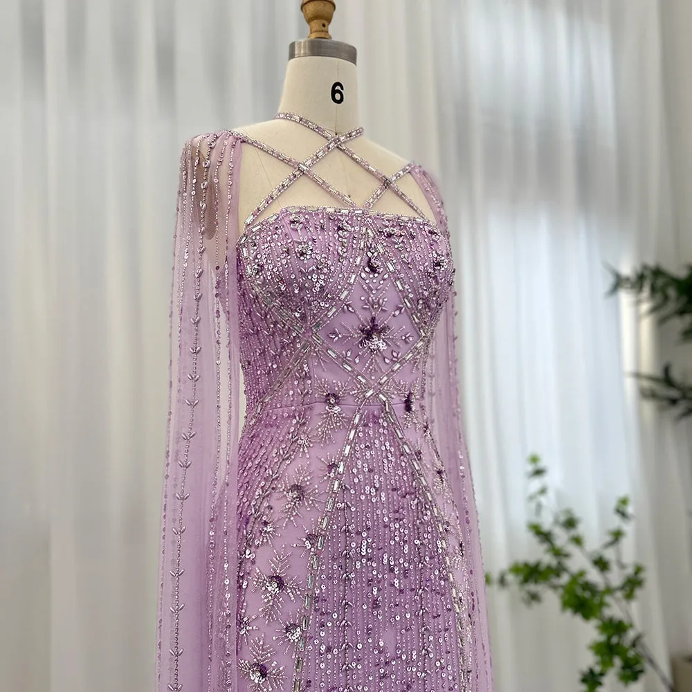 Luxury Aqua Crisscross Evening Dress with Cape Sleeves SS391