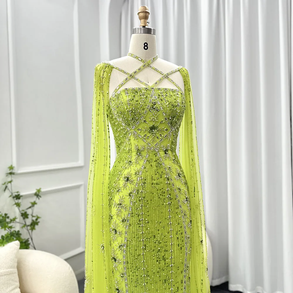 Luxury Aqua Crisscross Evening Dress with Cape Sleeves SS391