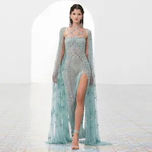 Luxury Aqua Crisscross Evening Dress with Cape Sleeves SS391 Luxury Aqua Crisscross Evening Dress with Cape Sleeves SS391
