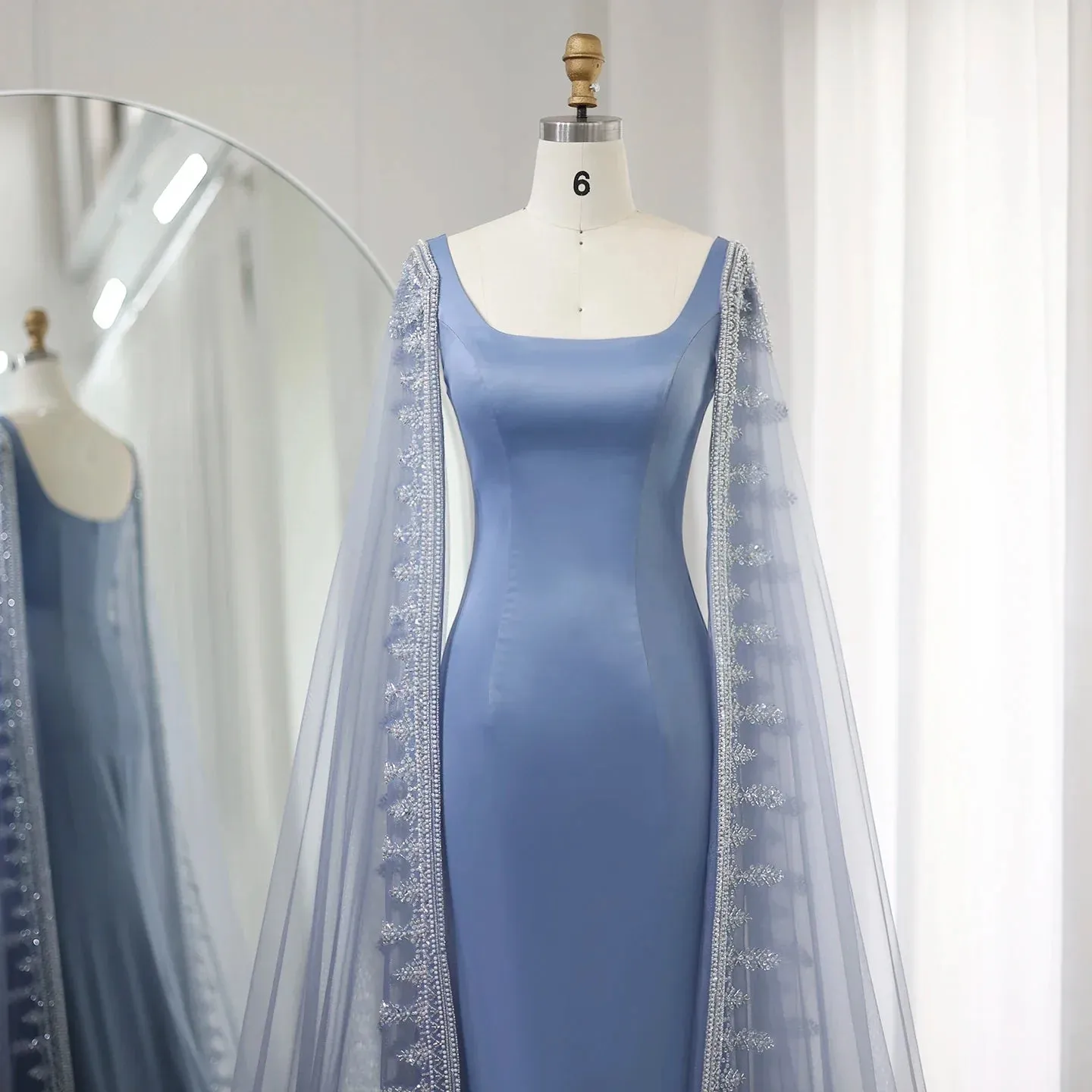 Luxury Crystal Blue Evening Dress with Cape Sleeves SS445