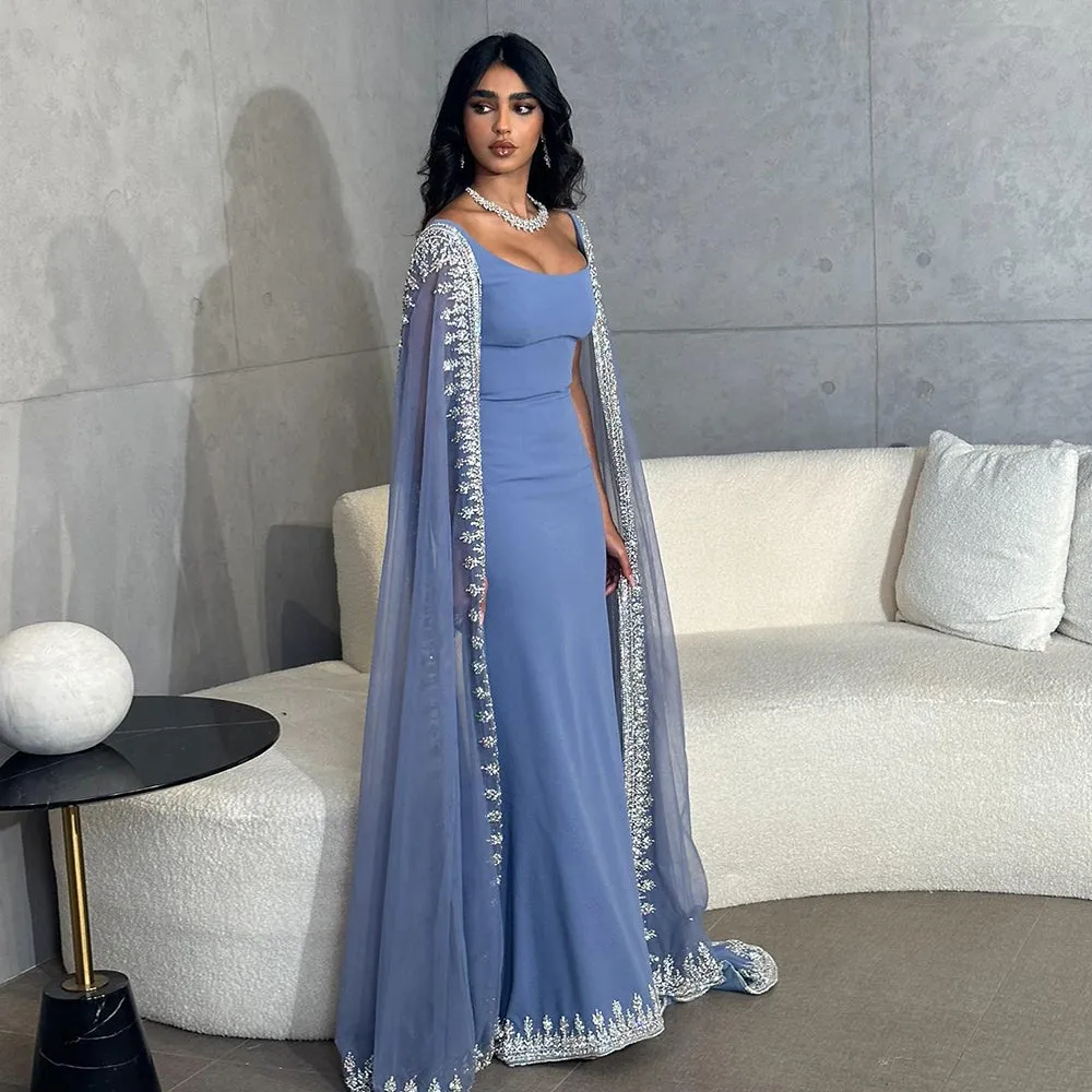 Luxury Crystal Blue Evening Dress with Cape Sleeves SS445