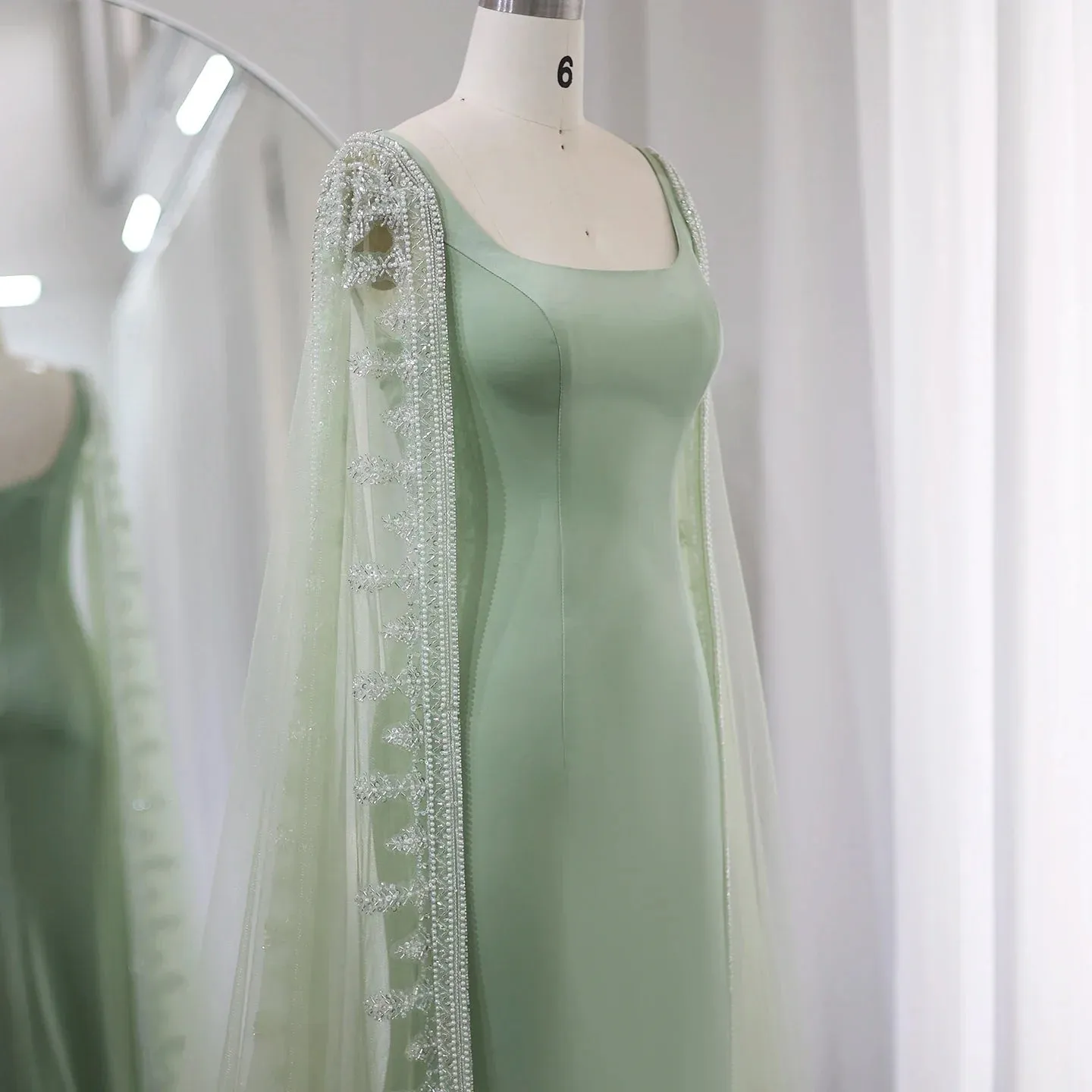 Luxury Crystal Blue Evening Dress with Cape Sleeves SS445