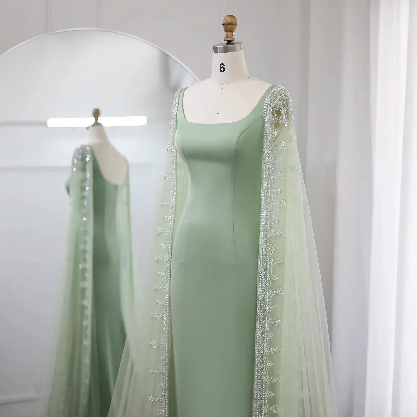 Luxury Crystal Blue Evening Dress with Cape Sleeves SS445