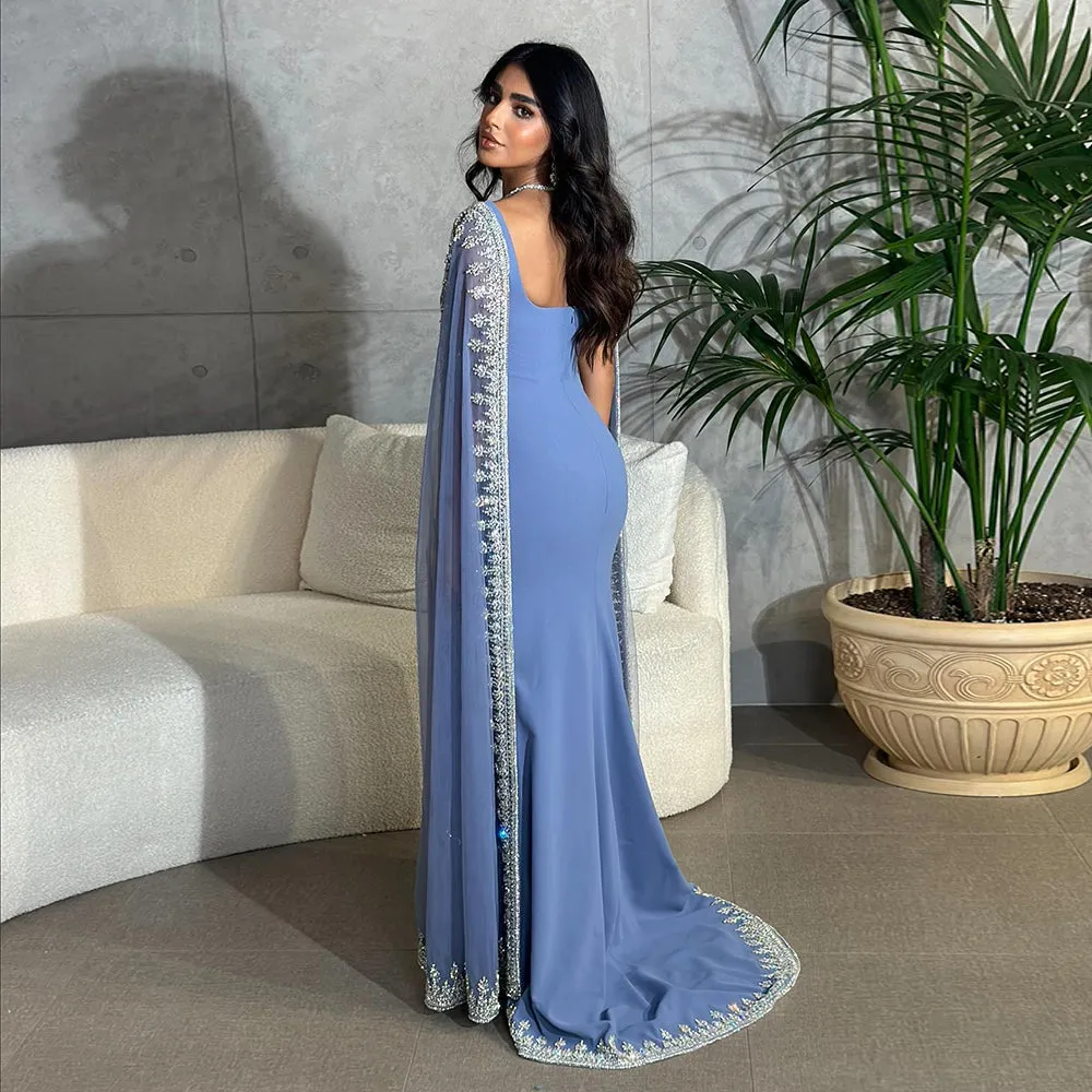 Luxury Crystal Blue Evening Dress with Cape Sleeves SS445