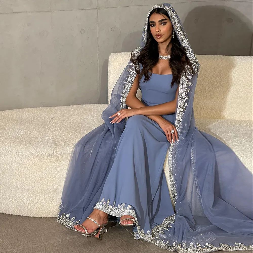 Luxury Crystal Blue Evening Dress with Cape Sleeves SS445