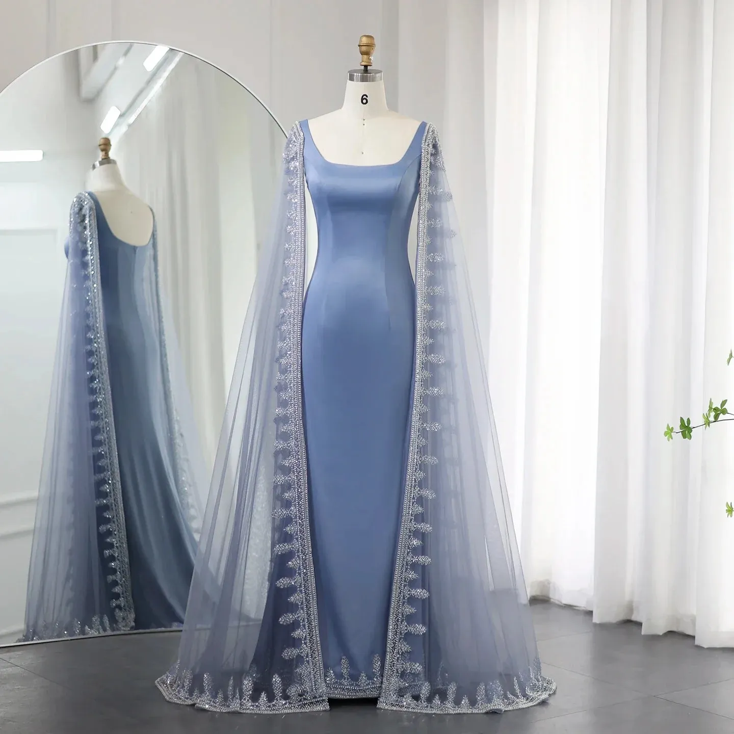 Luxury Crystal Blue Evening Dress with Cape Sleeves SS445