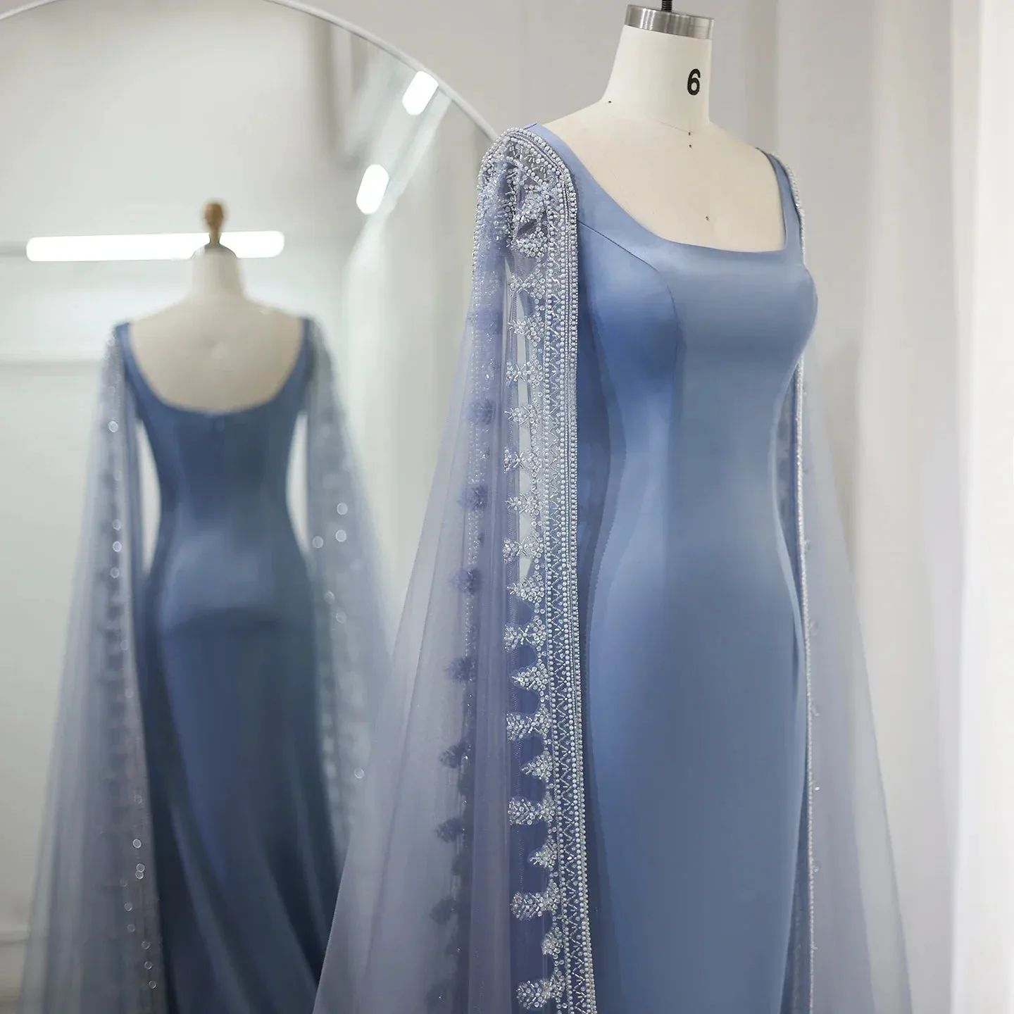 Luxury Crystal Blue Evening Dress with Cape Sleeves SS445