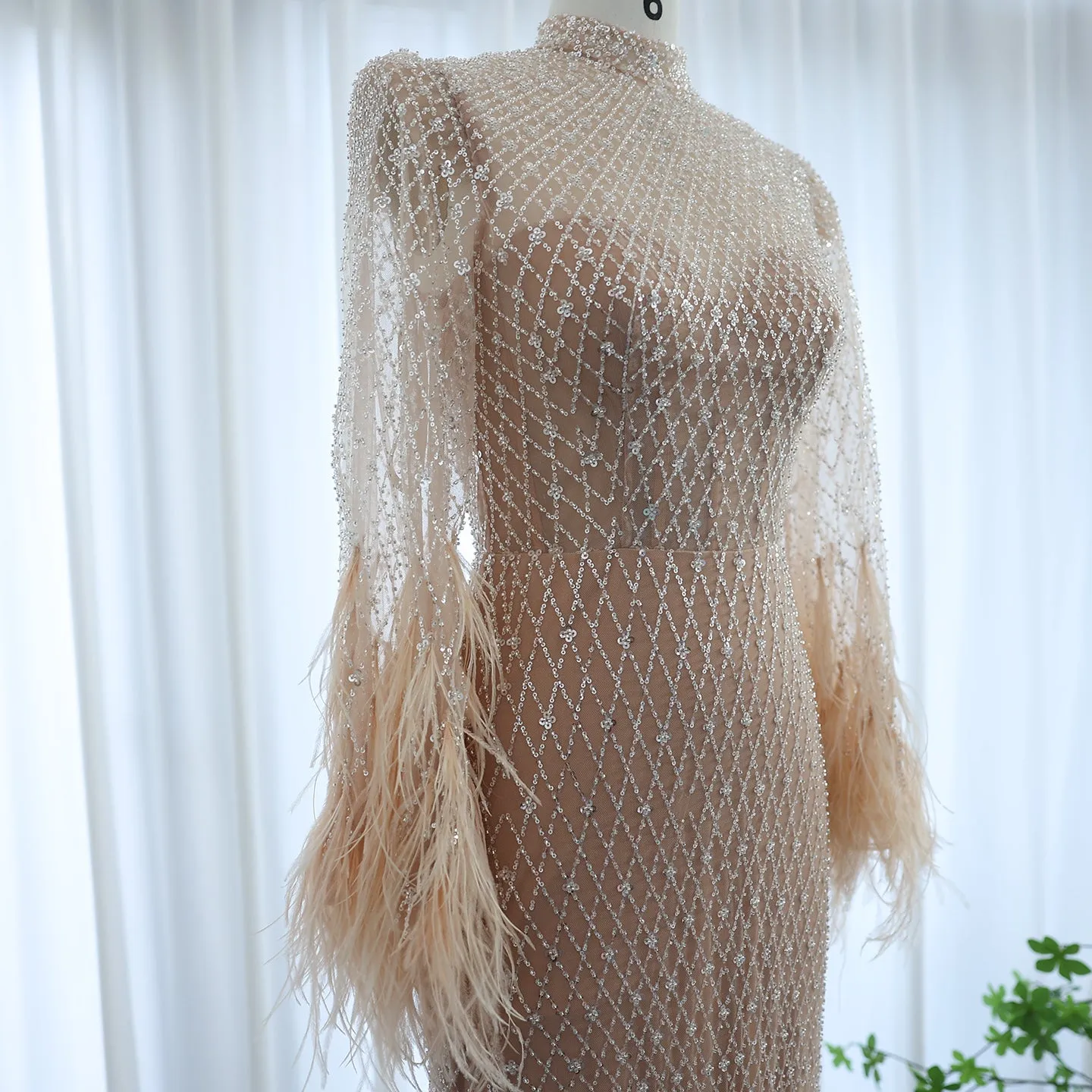 Luxury Feathers Nude Long Sleeves Evening Dress SS227