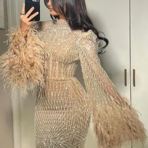 Luxury Feathers Nude Long Sleeves Evening Dress SS227 Luxury Feathers Nude Long Sleeves Evening Dress SS227