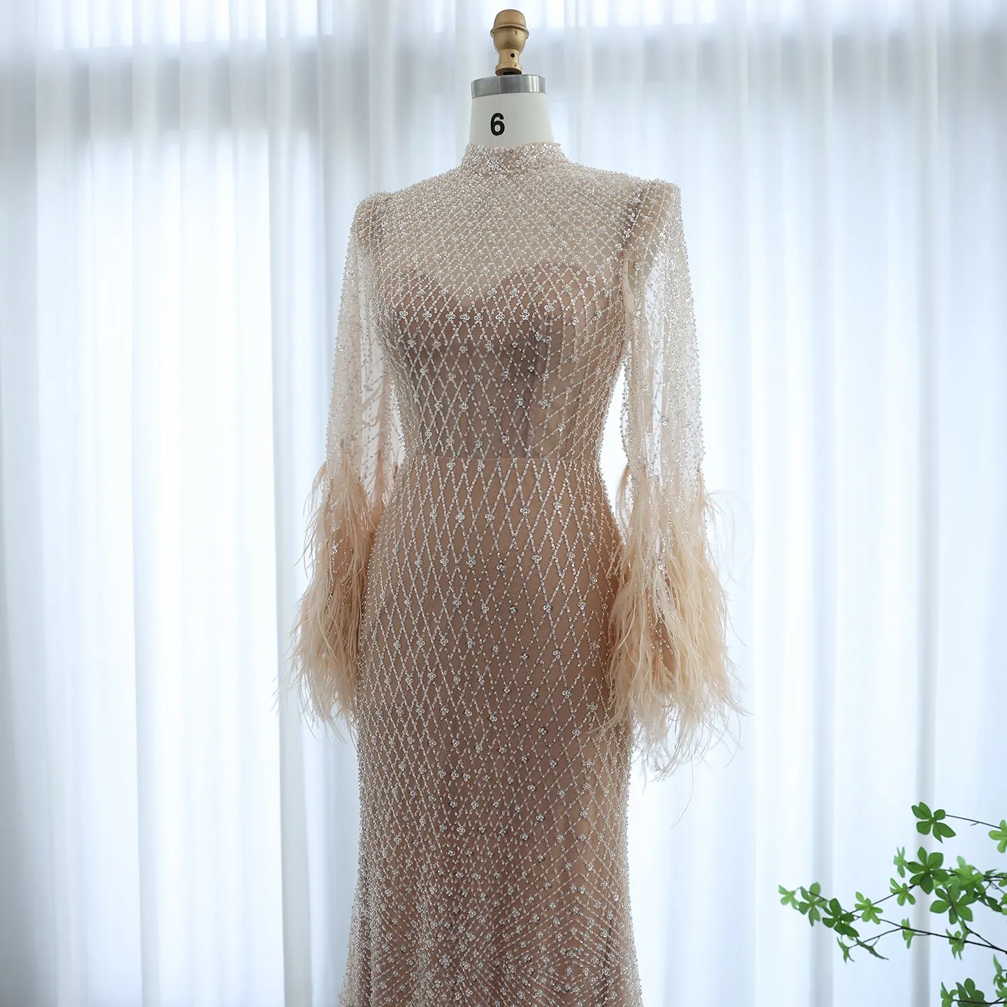 Luxury Feathers Nude Long Sleeves Evening Dress SS227