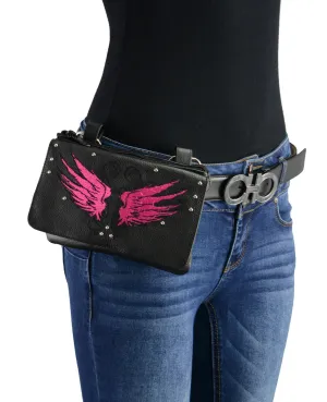 Milwaukee Leather MP8850 Ladies 'Winged' Leather Black and Pink Multi-Pocket Belt Bag Milwaukee Leather MP8850 Ladies 'Winged' Leather Black and Pink Multi-Pocket Belt Bag