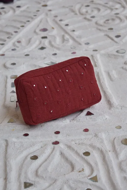 Okhai 'Ruby' Pure Cotton Hand Embroidered Mirror Work Pouch