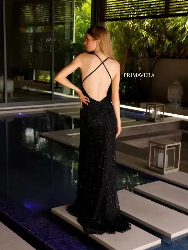 Primavera Couture 4109 Long Prom Dress Sequin Criss Cross Open  Back Fitted High Slit V Neck Formal Pageant Gown