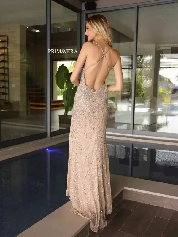 Primavera Couture 4109 Long Prom Dress Sequin Criss Cross Open  Back Fitted High Slit V Neck Formal Pageant Gown