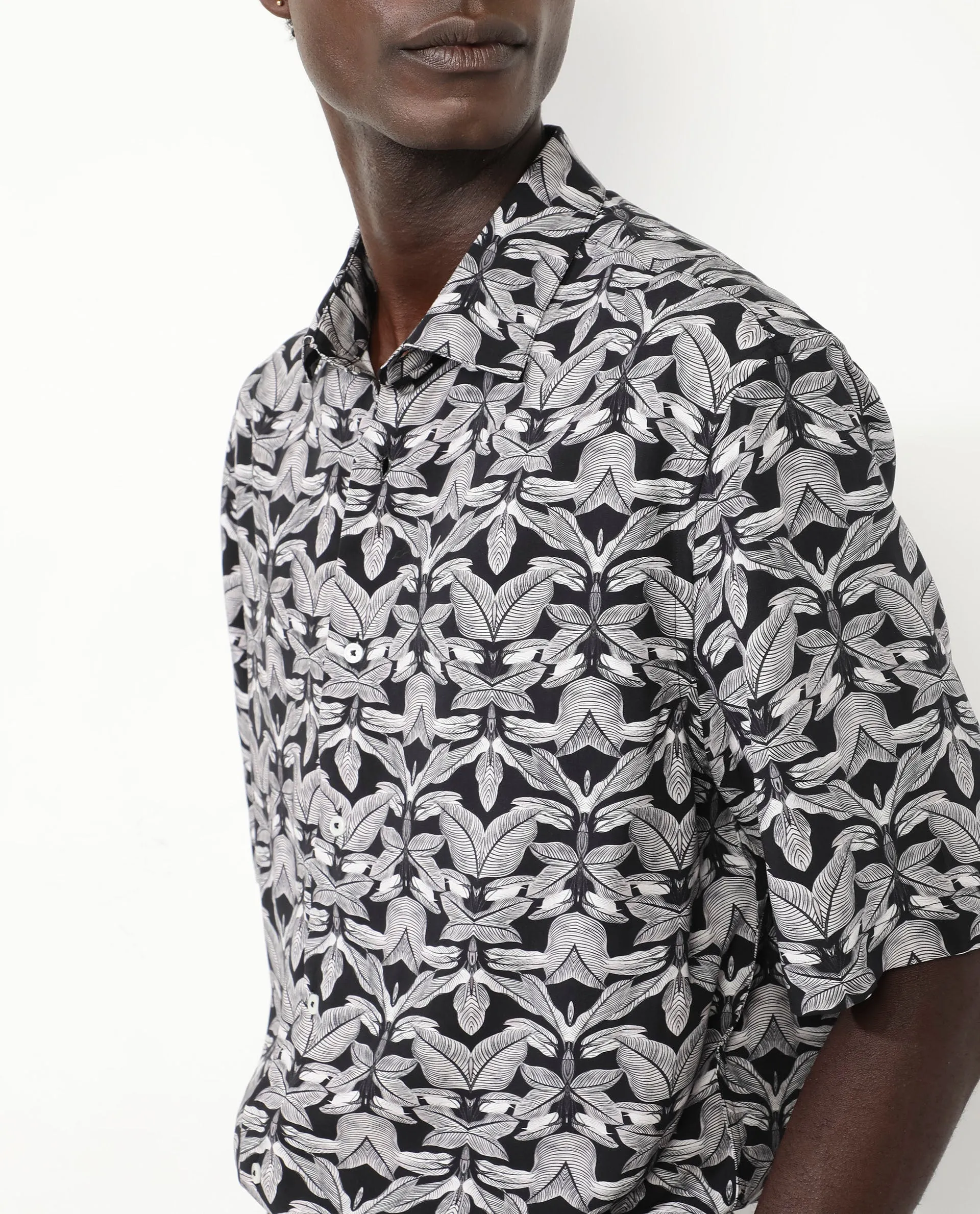 Rare Rabbit Men's Mogu Black Viscose Fabric Short Sleeves Collared Neck Boxy Fit Tropical Print Shirt