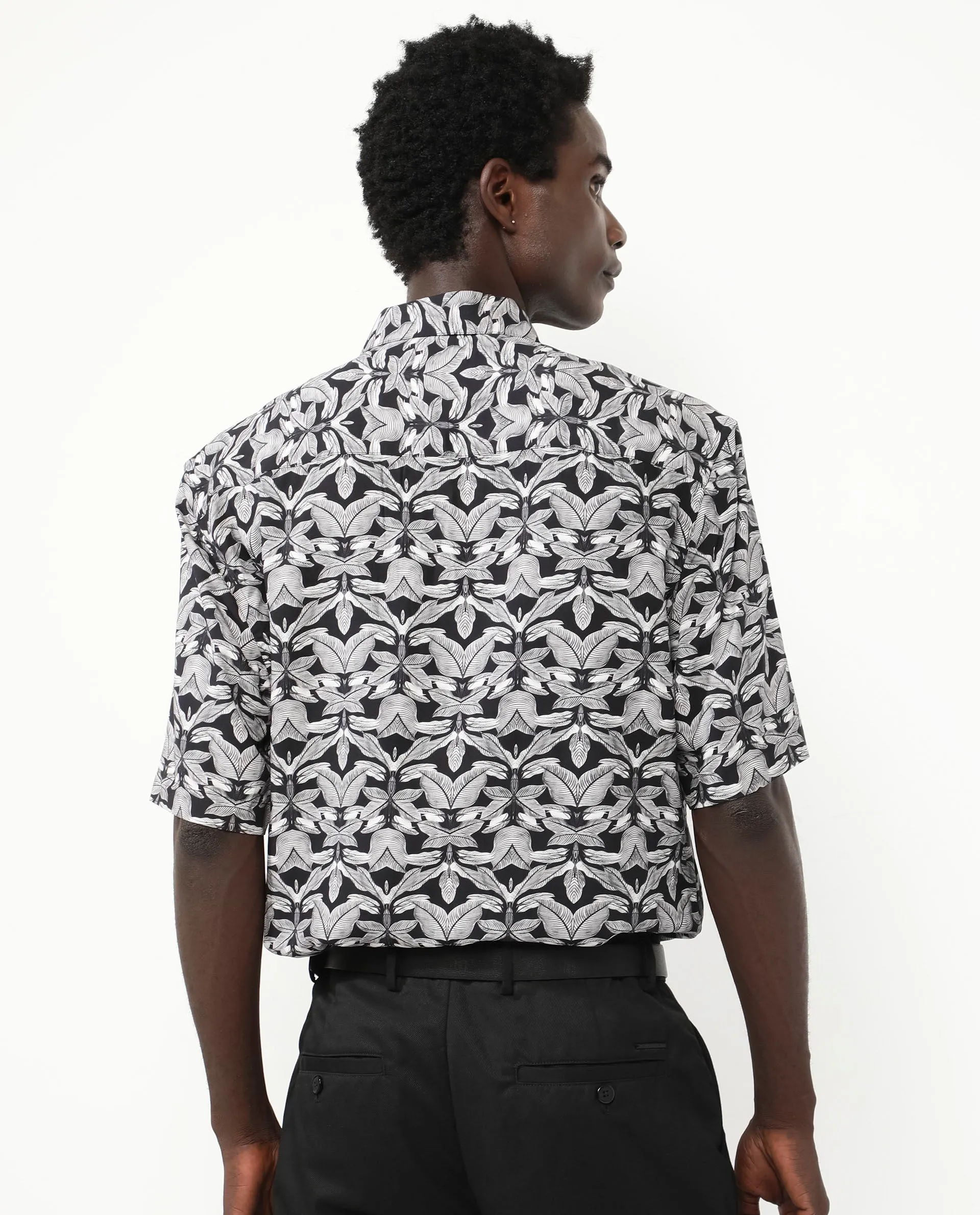 Rare Rabbit Men's Mogu Black Viscose Fabric Short Sleeves Collared Neck Boxy Fit Tropical Print Shirt