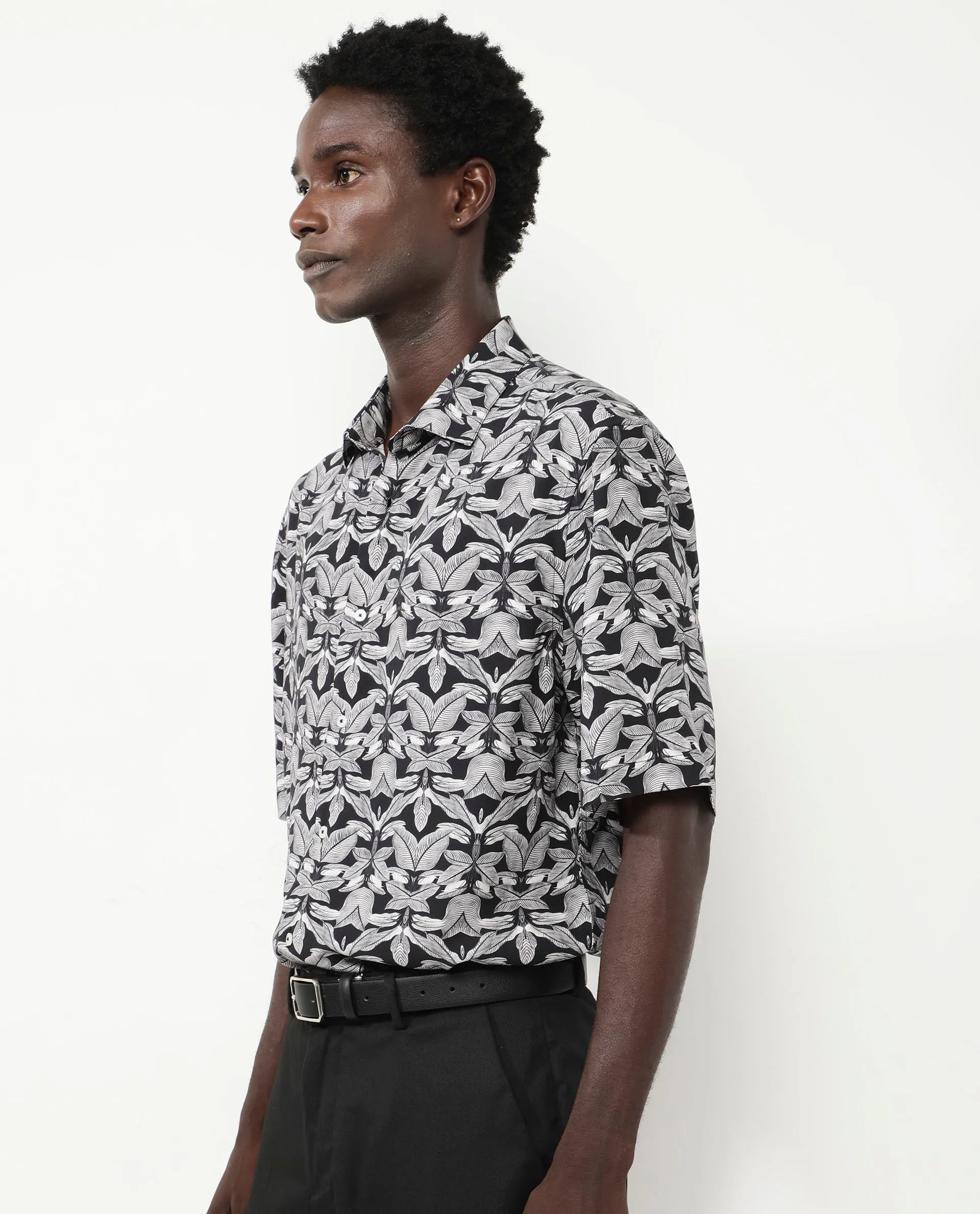 Rare Rabbit Men's Mogu Black Viscose Fabric Short Sleeves Collared Neck Boxy Fit Tropical Print Shirt