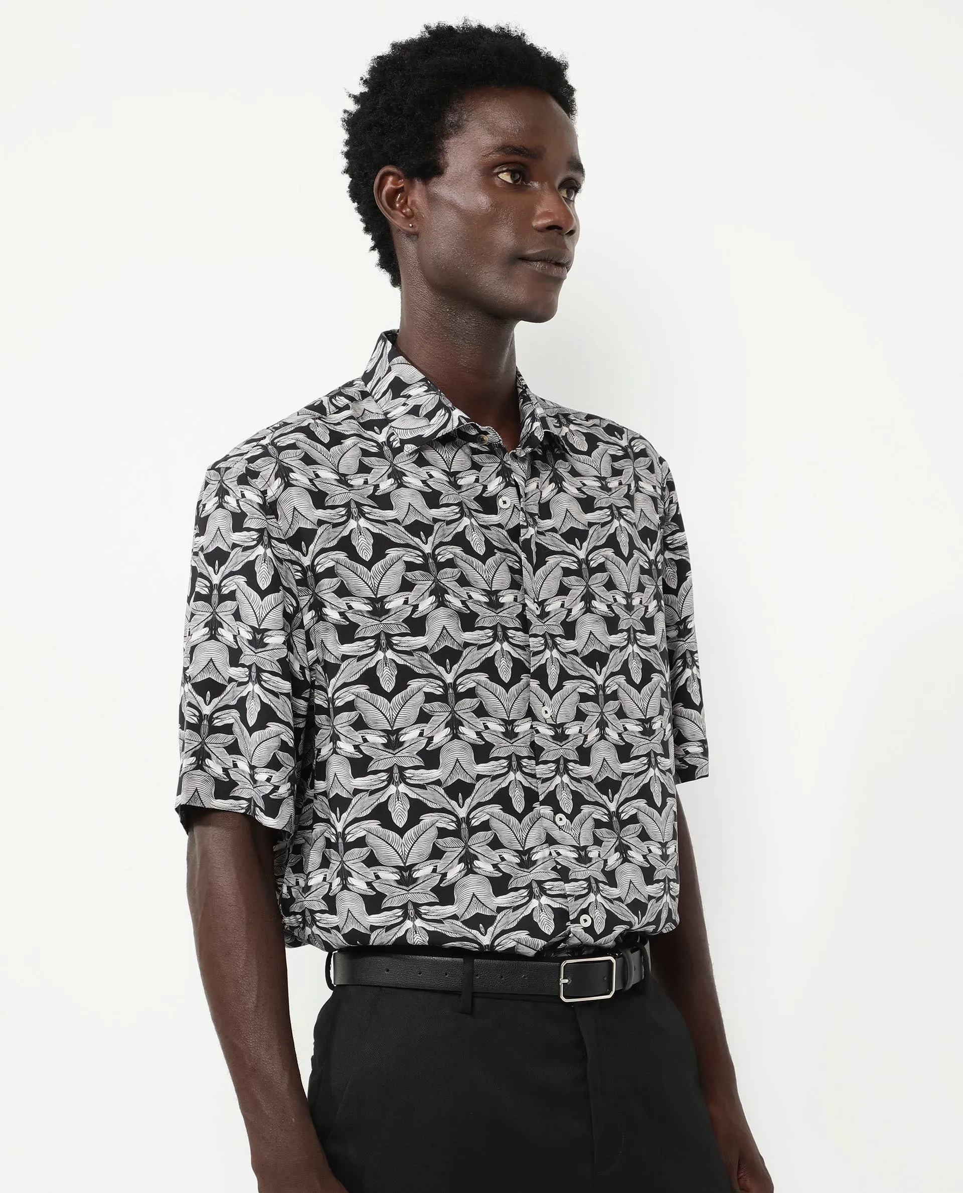 Rare Rabbit Men's Mogu Black Viscose Fabric Short Sleeves Collared Neck Boxy Fit Tropical Print Shirt